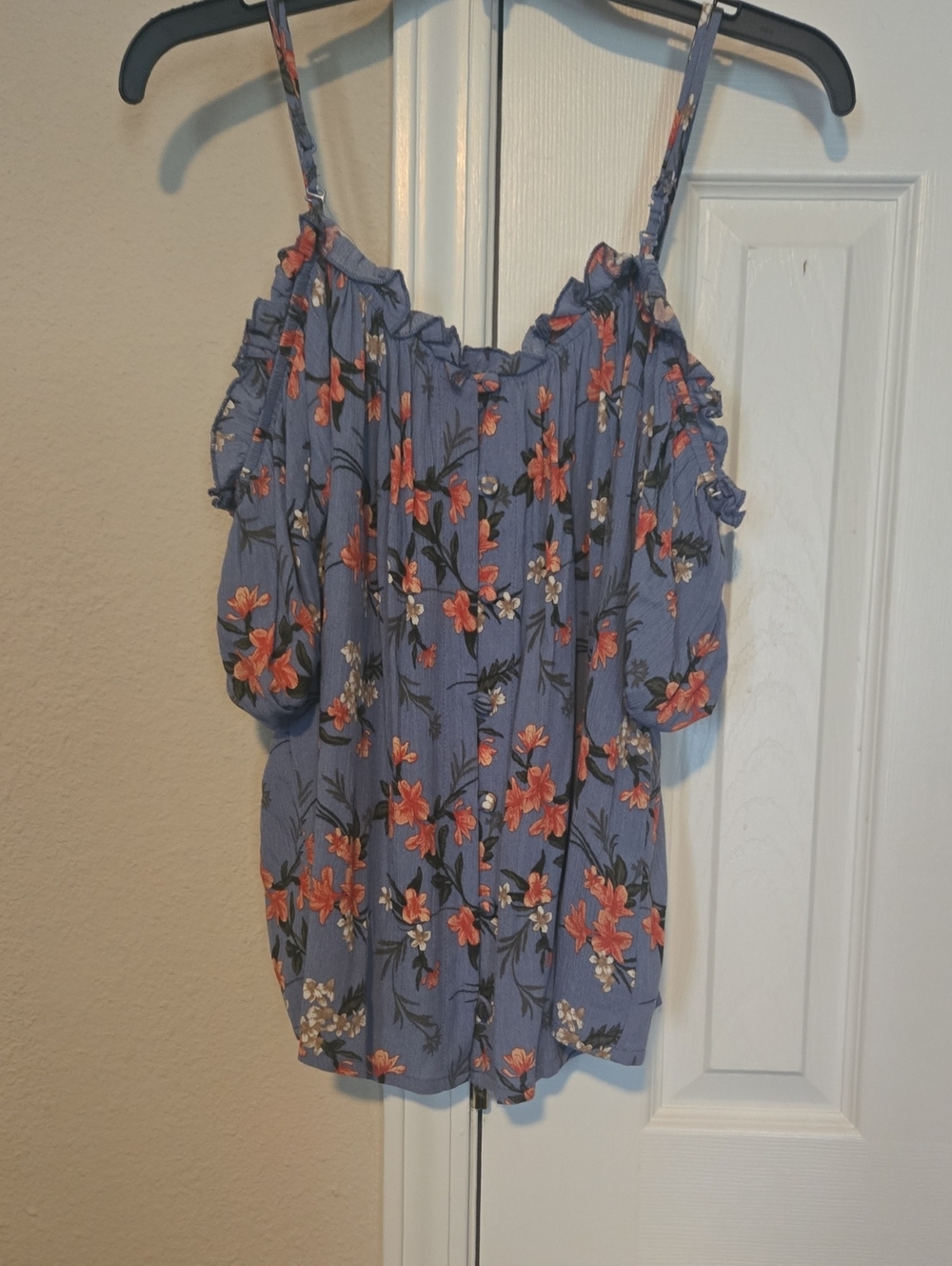 American Eagle Outfitters Blue Floral Cold-Shoulder Cami with Orange Blooms